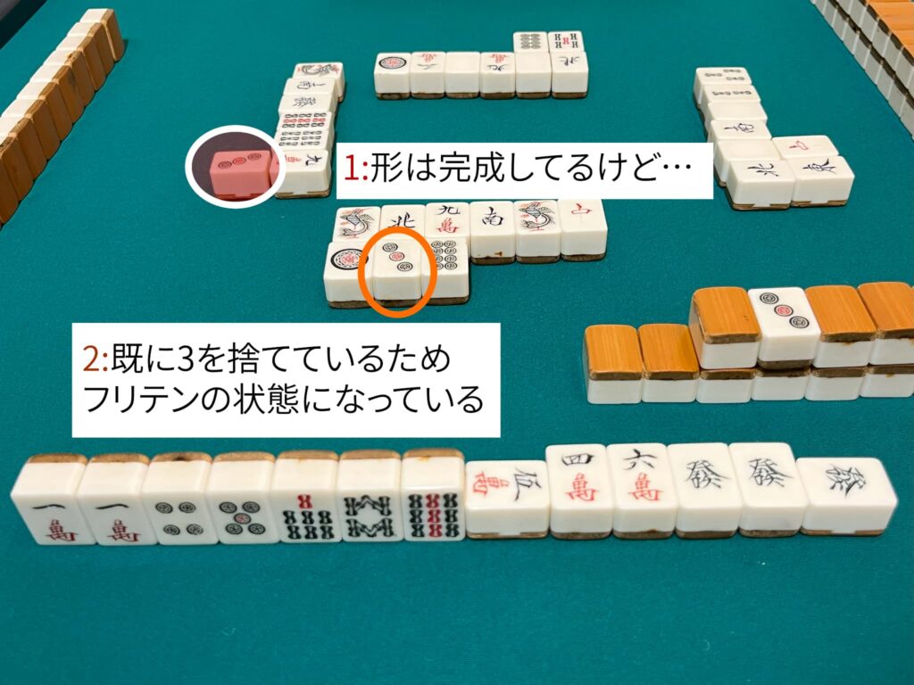 あと1枚で形を完成させられる牌を既に捨ててしまっている状態の時のフリテンを示した画像